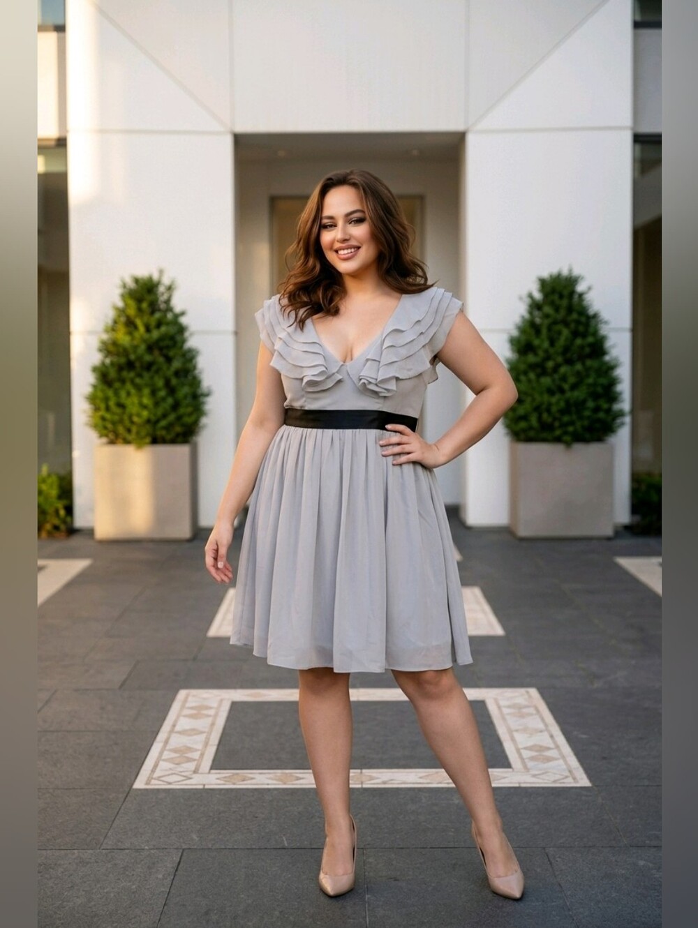 Ruffled V-Neck Grey Dress with Contrasting Black Waist